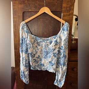 Reformation Blue Floral Long Sleeve Off-Shoulder Top